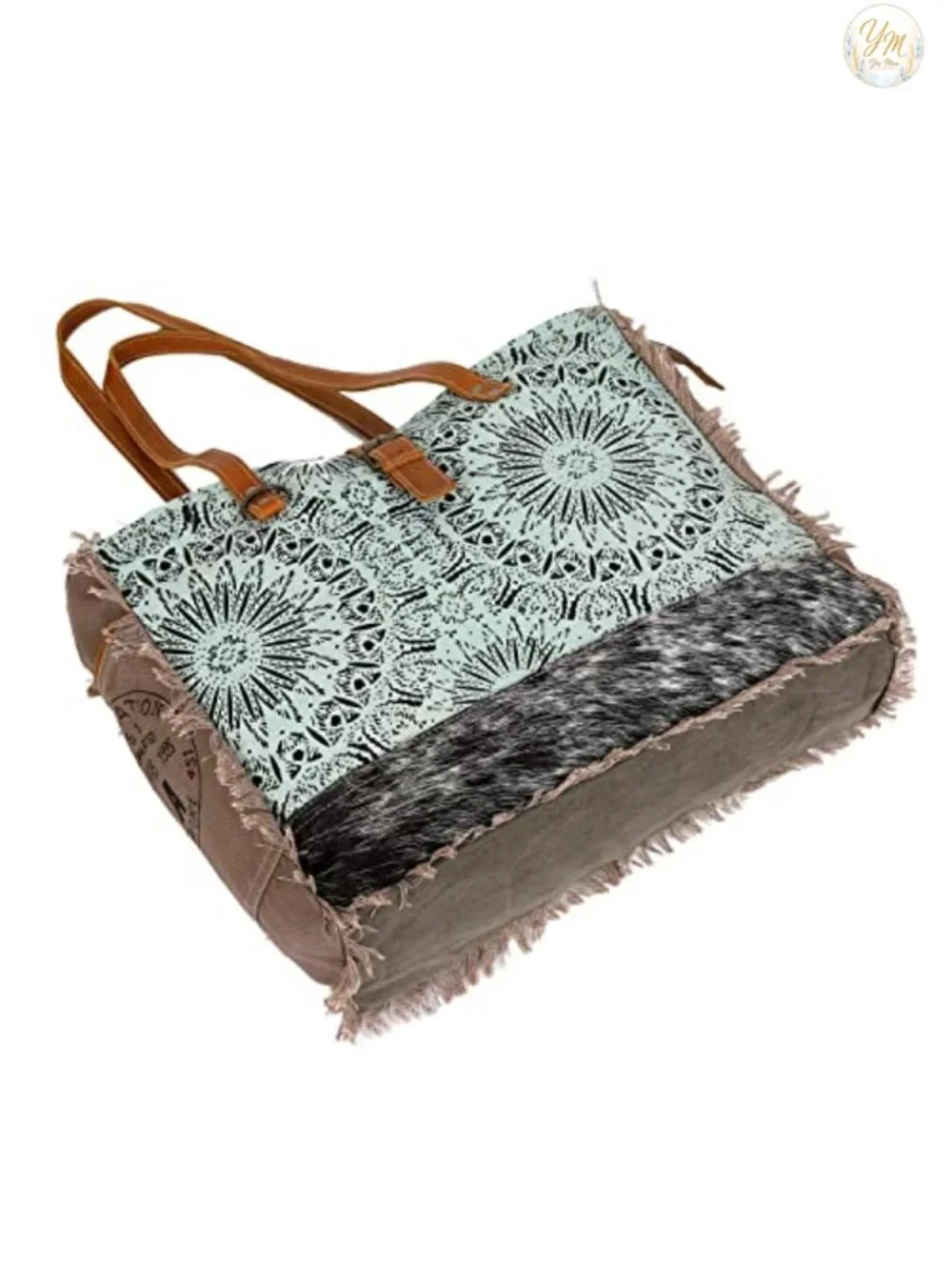 Large Canvas Tote Bag with Cowhide Hair On Leather, Shoulder Handbag for Women,